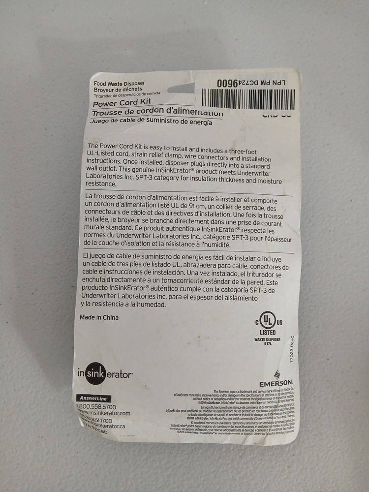 InSinkErator Garbage Disposal Power Cord Kit CRD-00 In Original Packaging