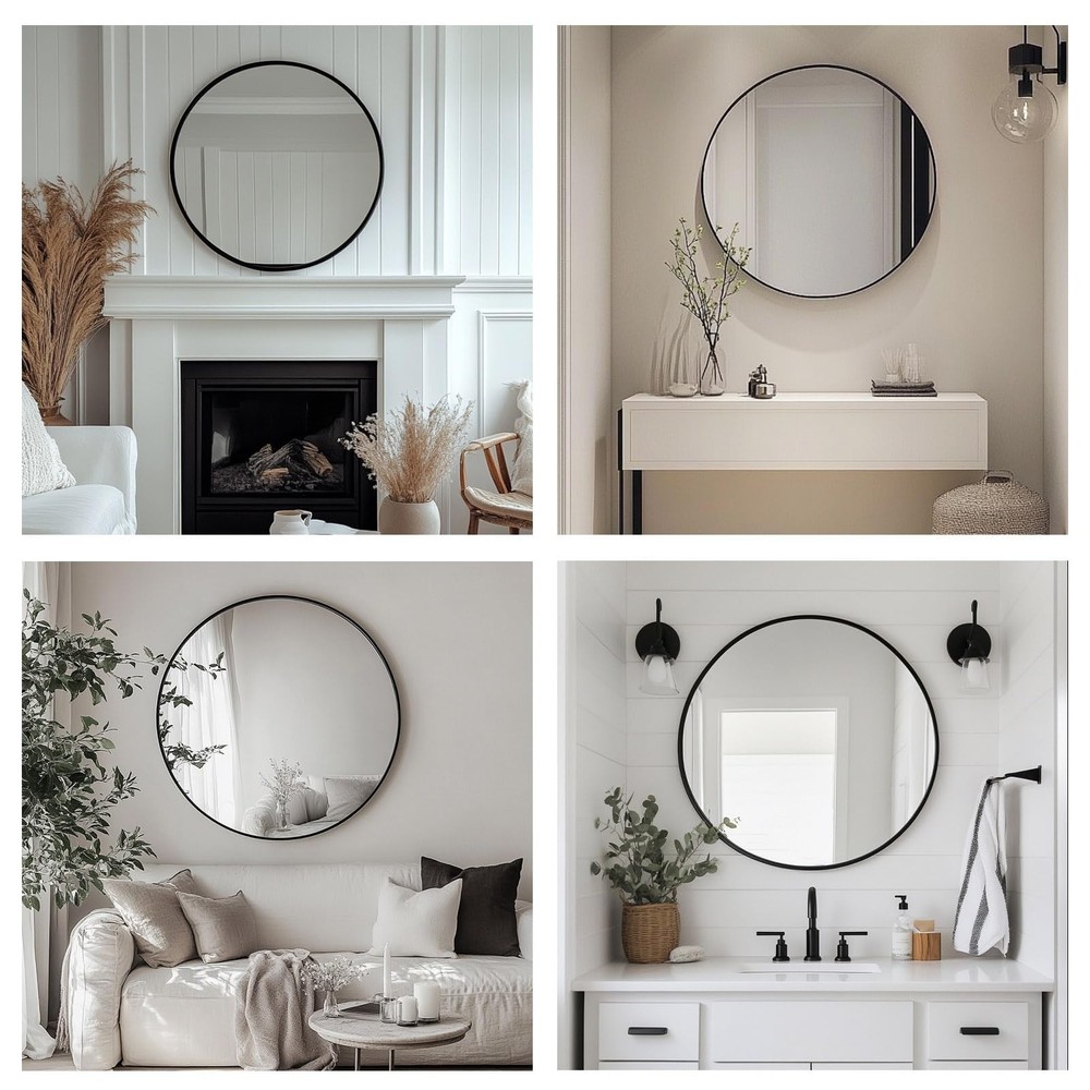 Black Circle Mirror, 20 inch Round Mirror, Black Bathroom Mirror Circular, Ro...