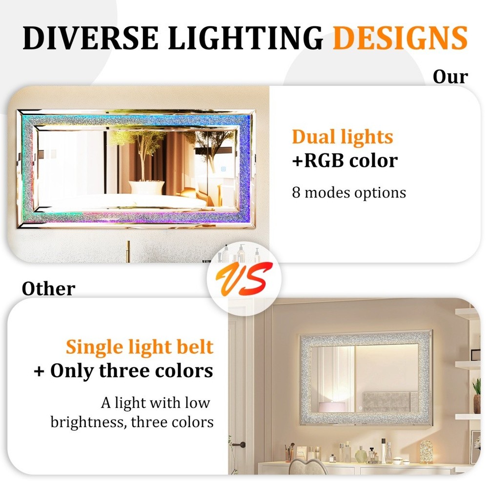 LED Crushed Diamond Mirror 48x24 inch Rectangular Crystal Vanity with RGB Lights