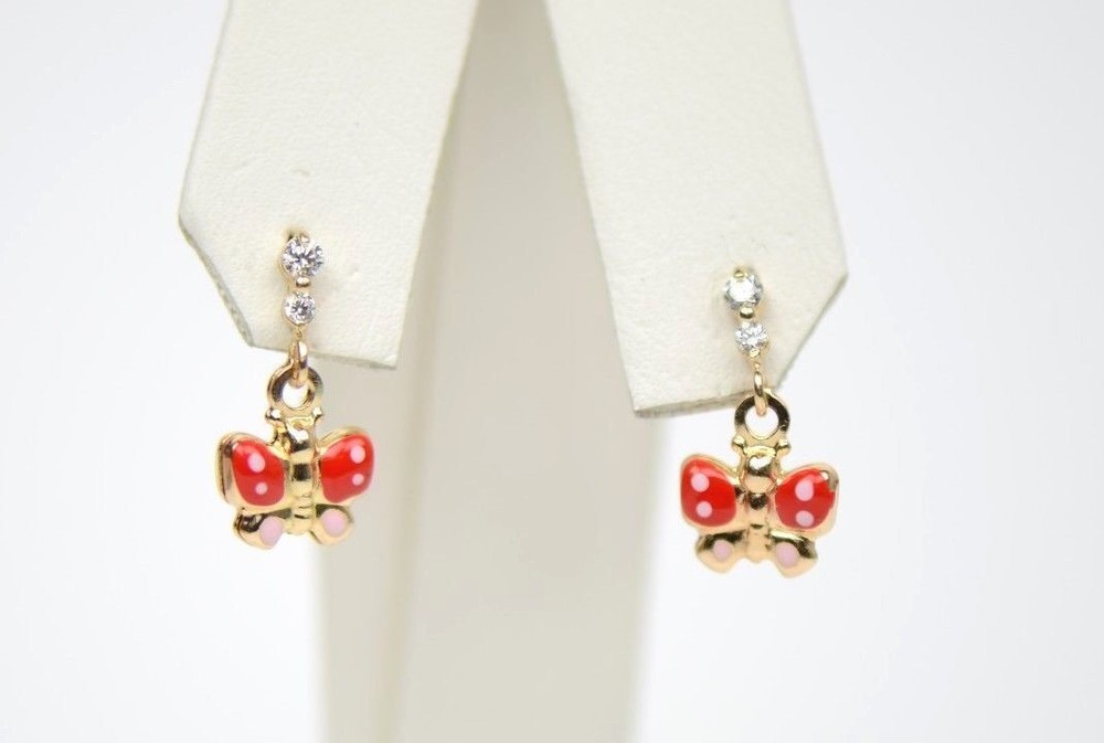 14K Solid Yellow Gold Butterfly Dangle Earring with Enamel