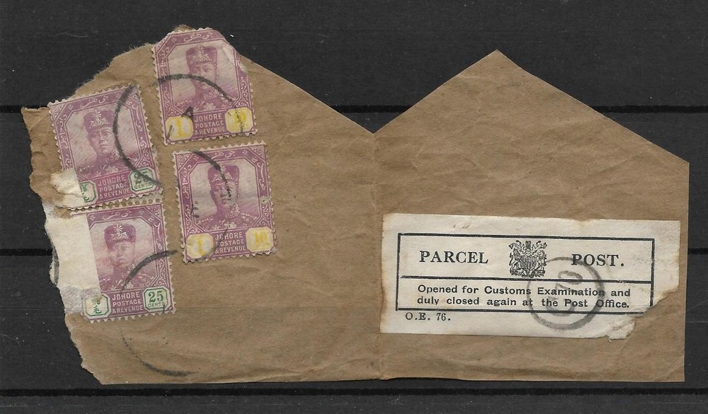 MALAYSIA, JOHORE 4 STAMPS & PARCEL POST ON PIECE, UNUSUAL,