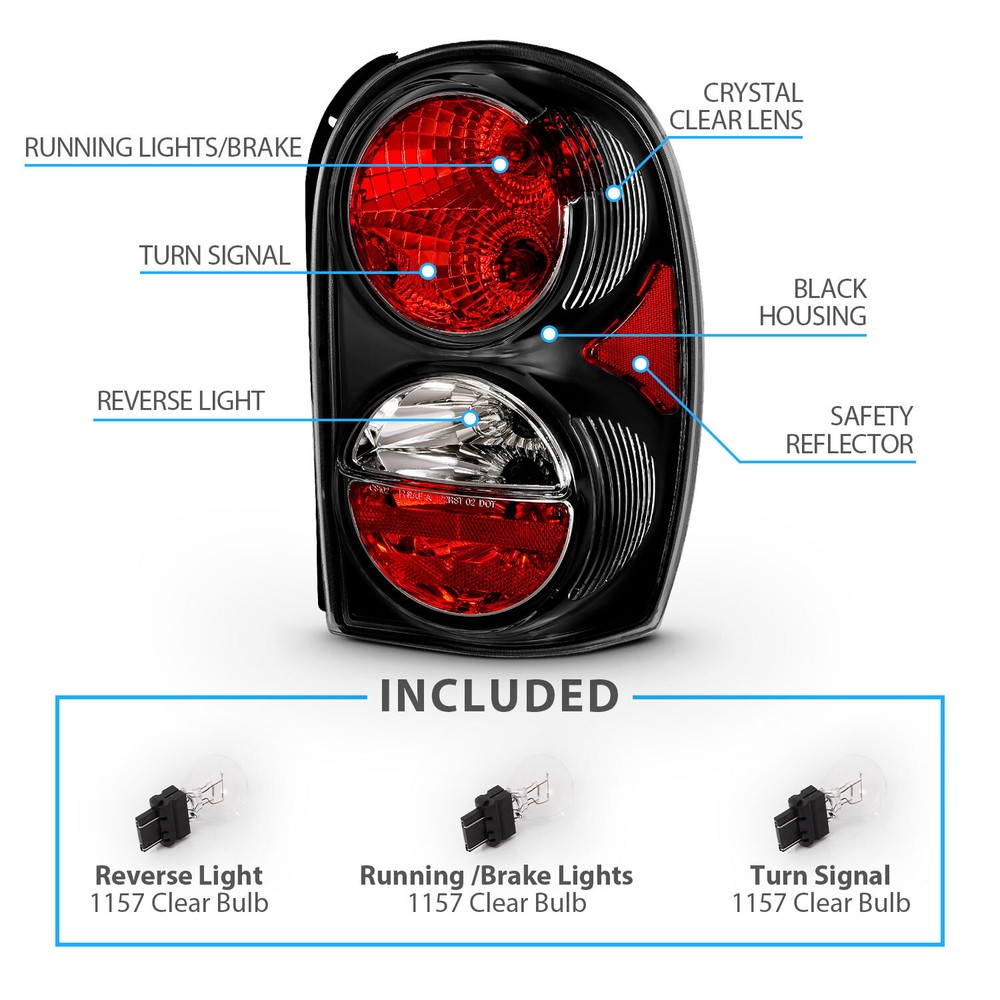 2002-2005 Replacement Black Tail Light Pair (Set) for Jeep Liberty Left + Right