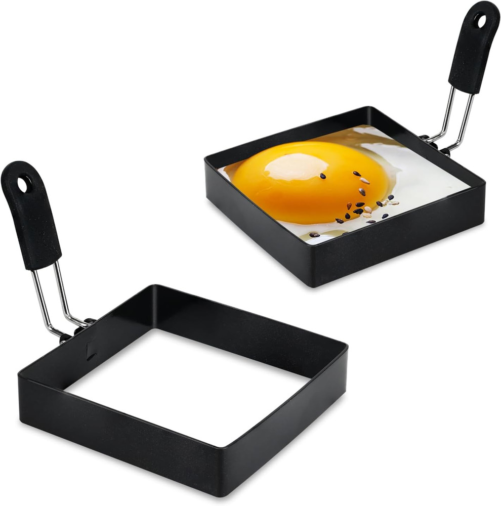 2-Pack 4'' Square Egg Rings Set with Silicone Handle, Stainless Steel Egg Coo...