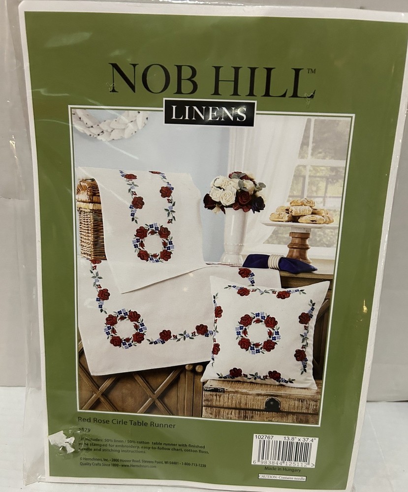 Nob Hill Linens Red Rose Circle Linen Blend Table Runner -  5579