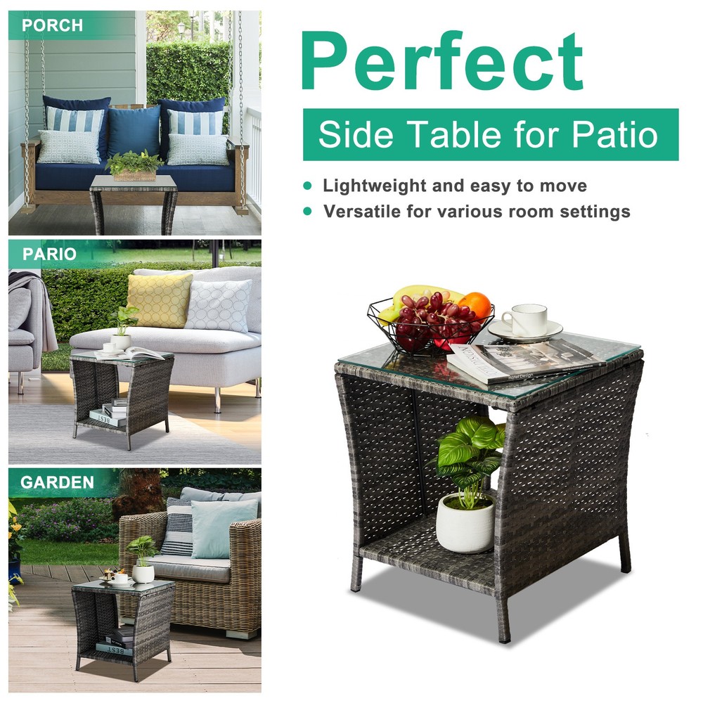 Outdoor Patio Wicker Side Table, Square End Table Bistro Coffee Table