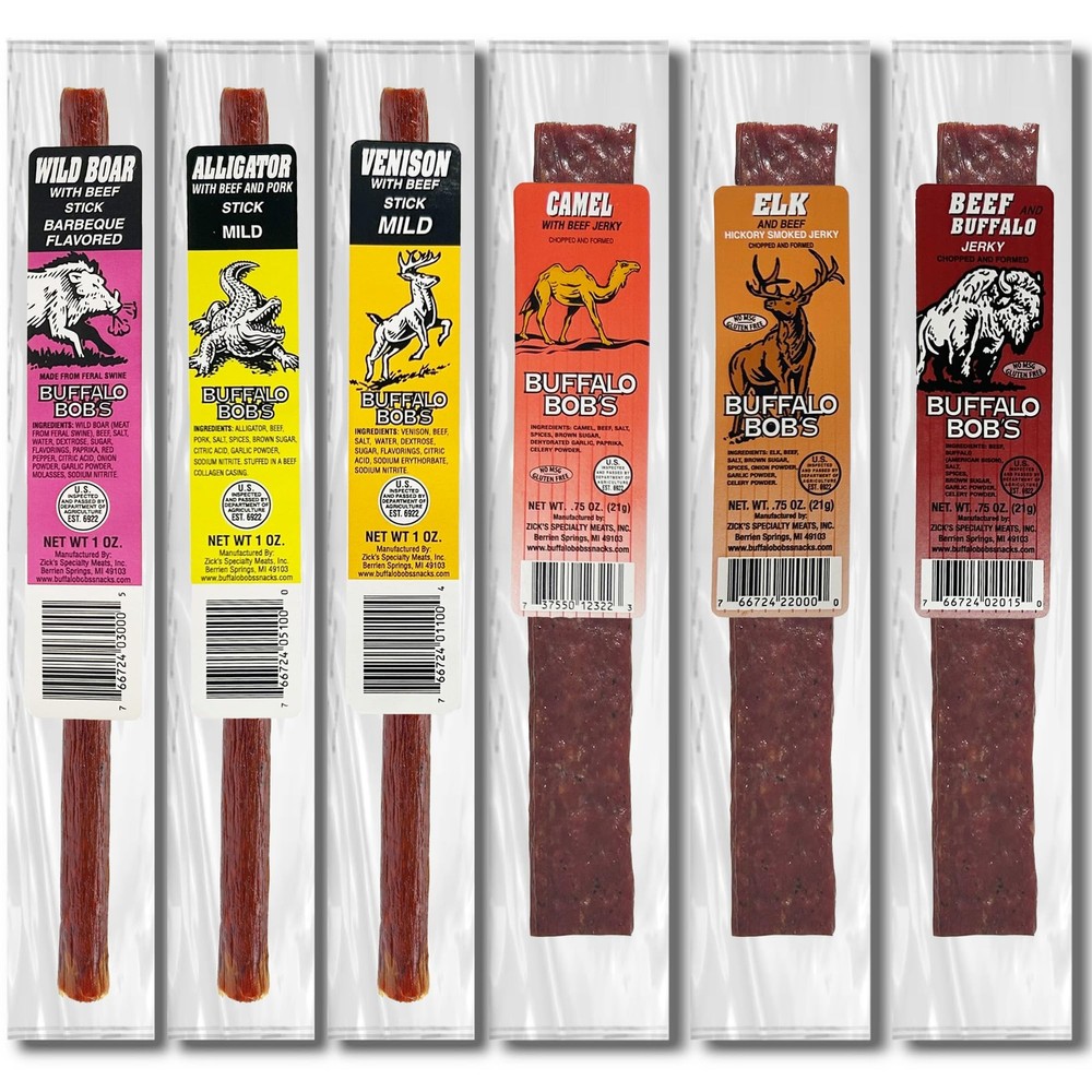 Buffalo Bob's Wild Game Meat Snacks (6 Pack) | Exotic Jerky Sampler | Beef Je...