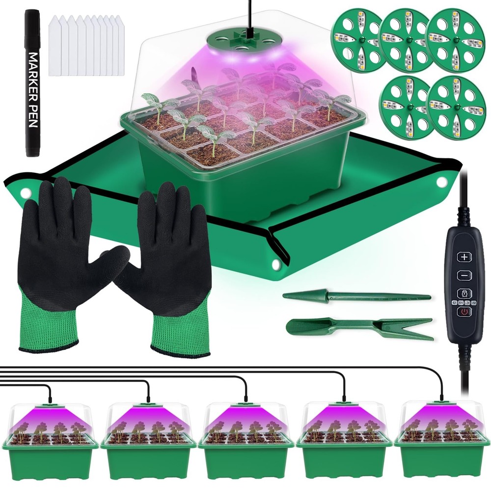 5-Pack Seed Starter Tray with Grow Light, 60 Cells, Adjustable Brightness, Mini