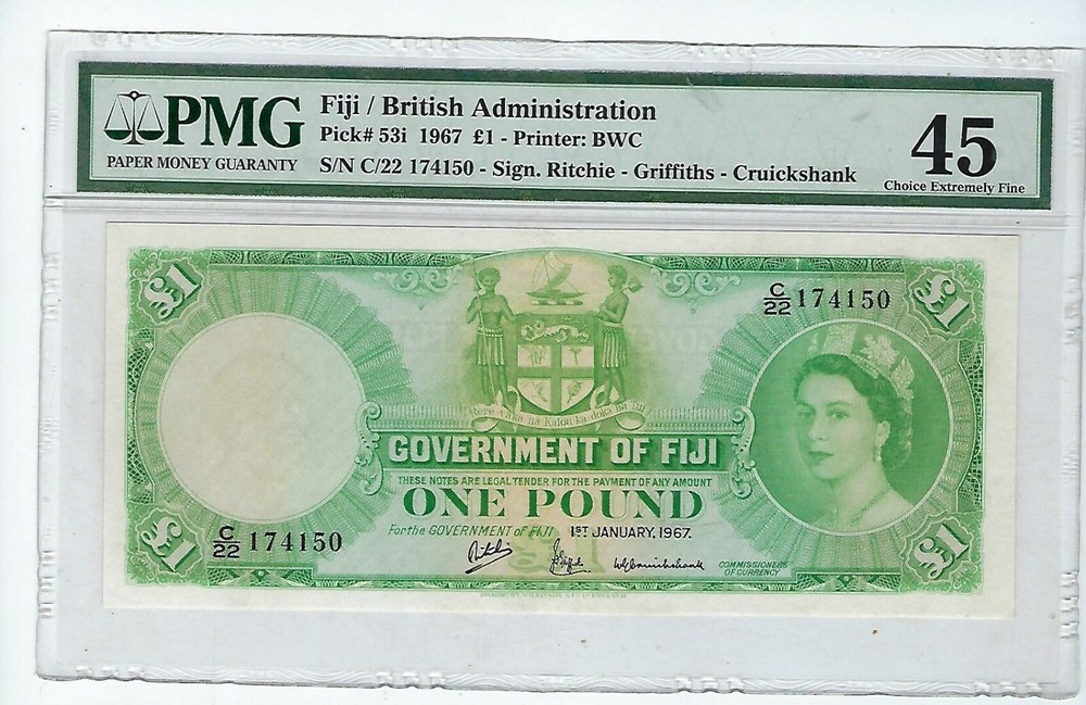 Fiji … P-53i … 1 Pound … 1967 … PMG EXF 45 Beautiful note