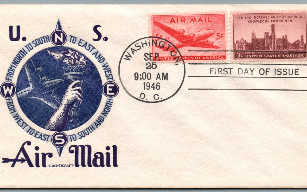 First Day Issue 1946-U.S.AIR MAIL 5¢ SMITHSONIAN 3¢ sealed-pB314/2