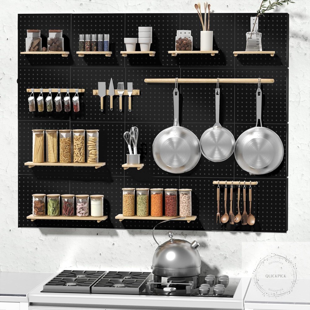Peg Board, 4 Pack Metal Pegboard Kit,Black Pegboard Wall Organizer with 32 Pcs
