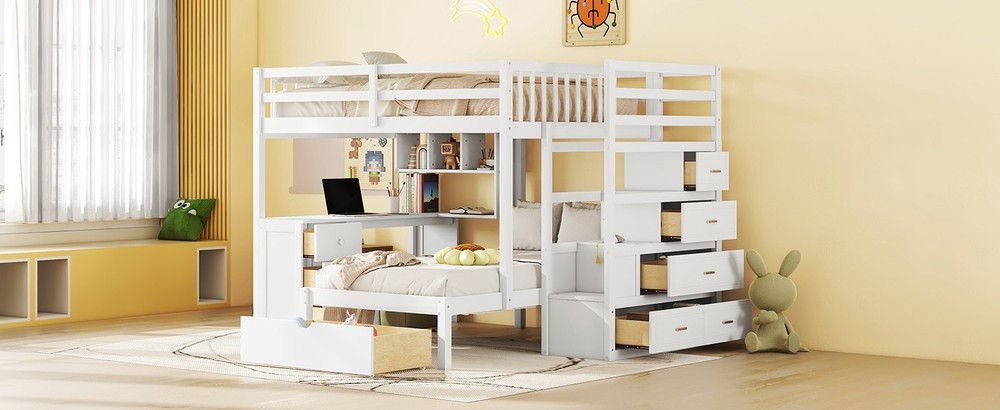 Twin Bunk Bed with Desk, Drawers & Bookcase, White Solid Wood Storage