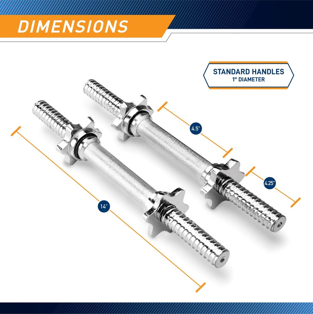 14” Adjustable Chrome Threaded Dumbbell Handles for Standard Weight Plates wi...