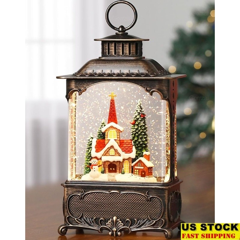 Christmas Musical Snow Globe Lantern W/ Timer Automatic Glitter LED Light New