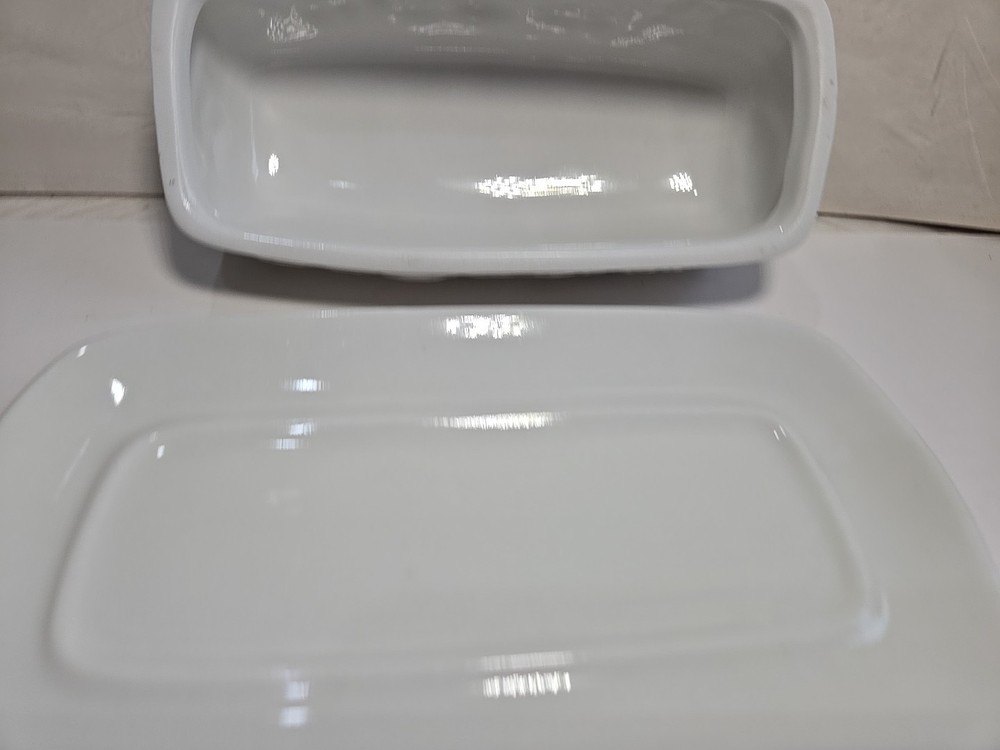 GIBSON DESIGNS Covered Butter Dish with Lid Embossed Fruit White Ceramic