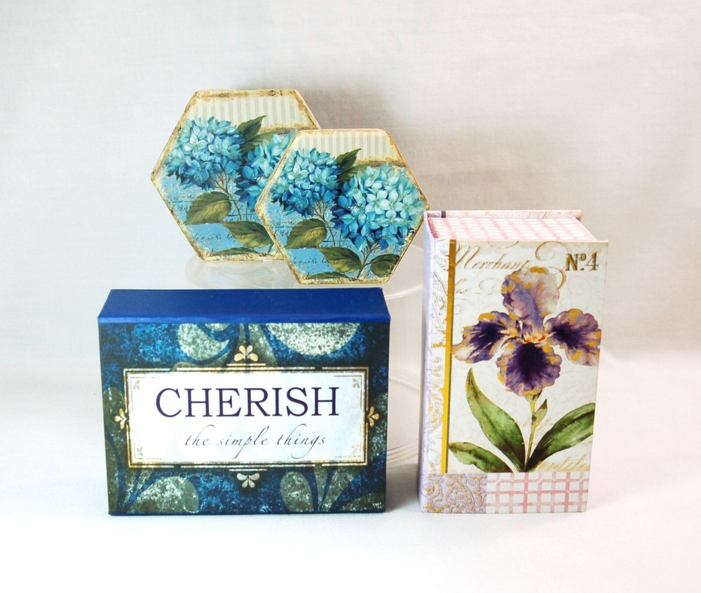 SET OF 4 SMALL DECORATIVE BOXES: Book shape, Hexagonal shape, Rectangular Shape