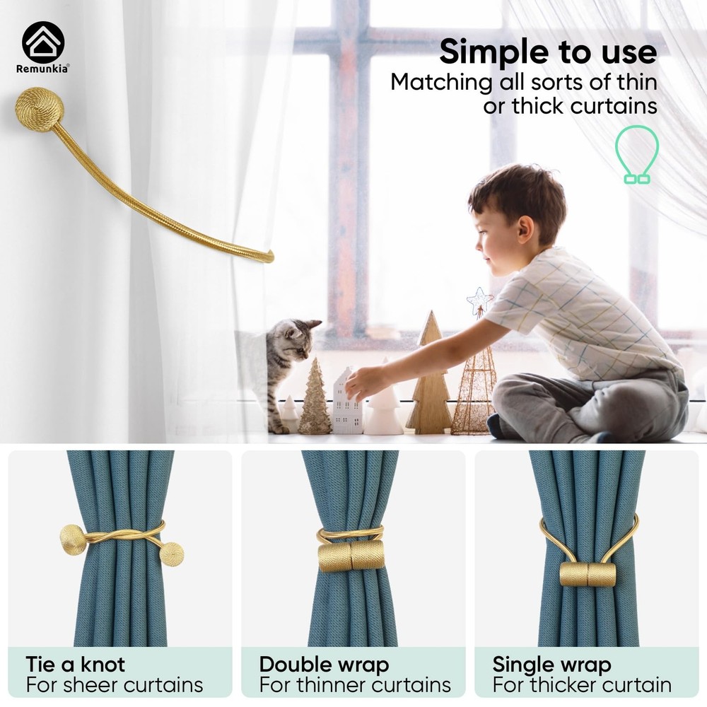 Remunkia Magnetic Curtain Tiebacks 2 Pack, Tie Backs 2 Gold