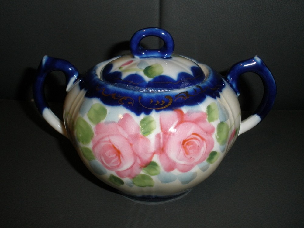 Nippon Hand Painted Floral Double Handle Sugar Bowl with Lid