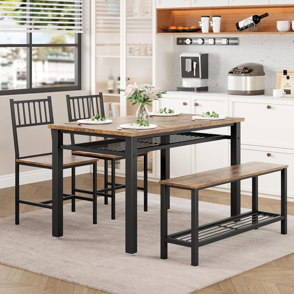 Modern 4-Piece Farmhouse Dining Set - Table, 2 Chairs, Bench & Storage Rack