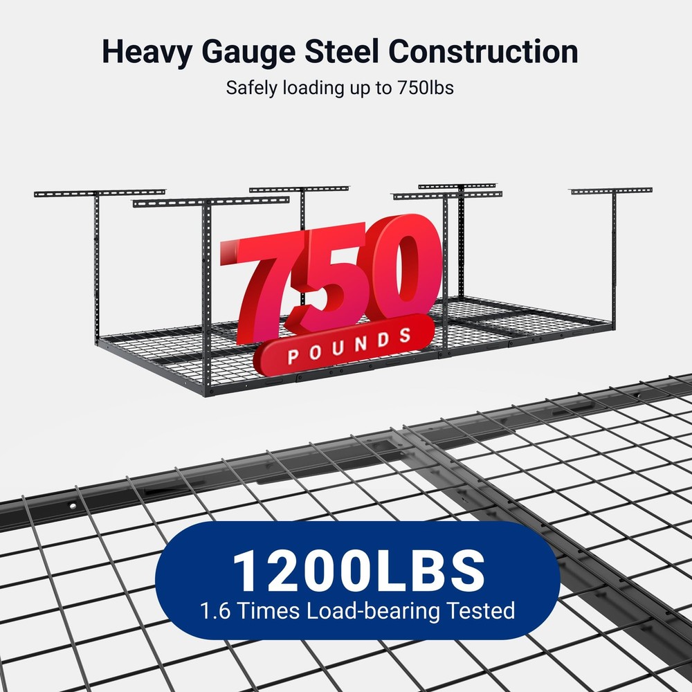 4x8 Overhead Garage Storage Rack, Adjustable Organization System, Heavy-Duty ...