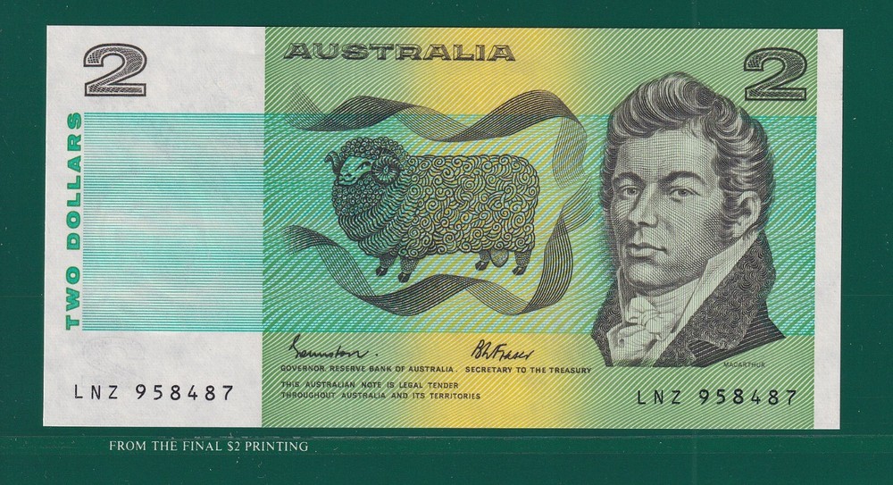 BANKNOTE AUSTRALIA:  1988 $2 PAPER NOTE IN GREEN COLLECTOR FOLDER.