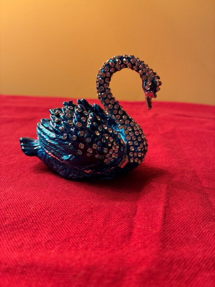 Blue Rhinestone Swan Hinged Enamel Trinket Box - quantities available