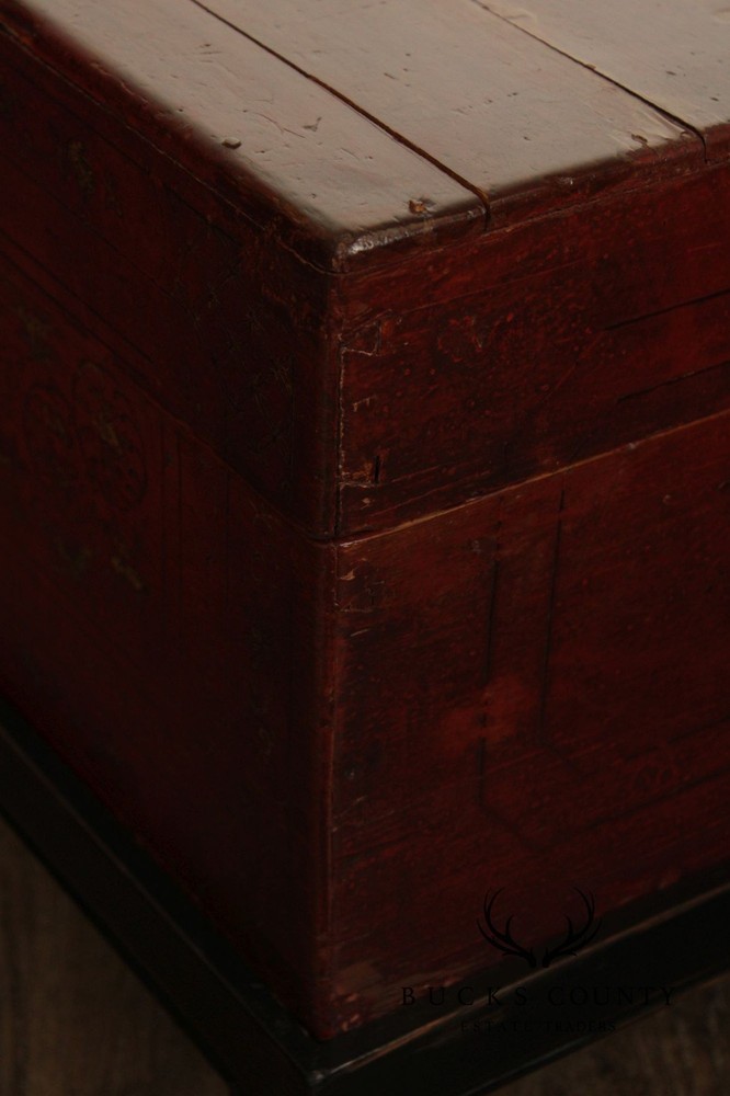 Red Lacquered Trunk With Brass Hardware On Custom Black Stand, Coffee Table