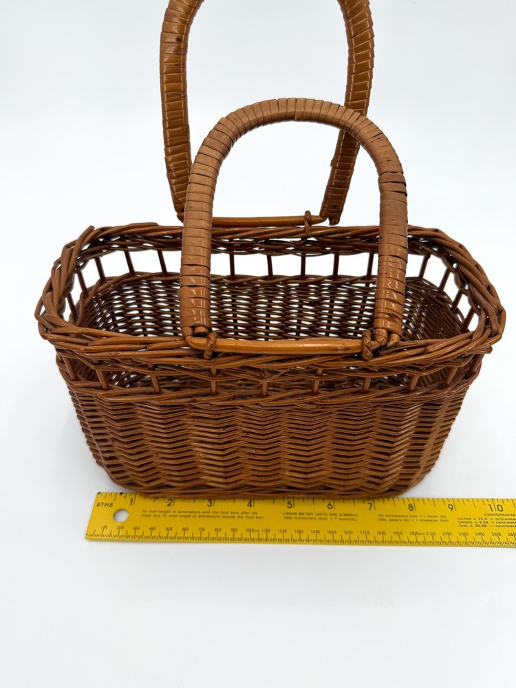 Vintage Wicker Basket Rectangular Handwoven Picnic Tote Double Handles Storage