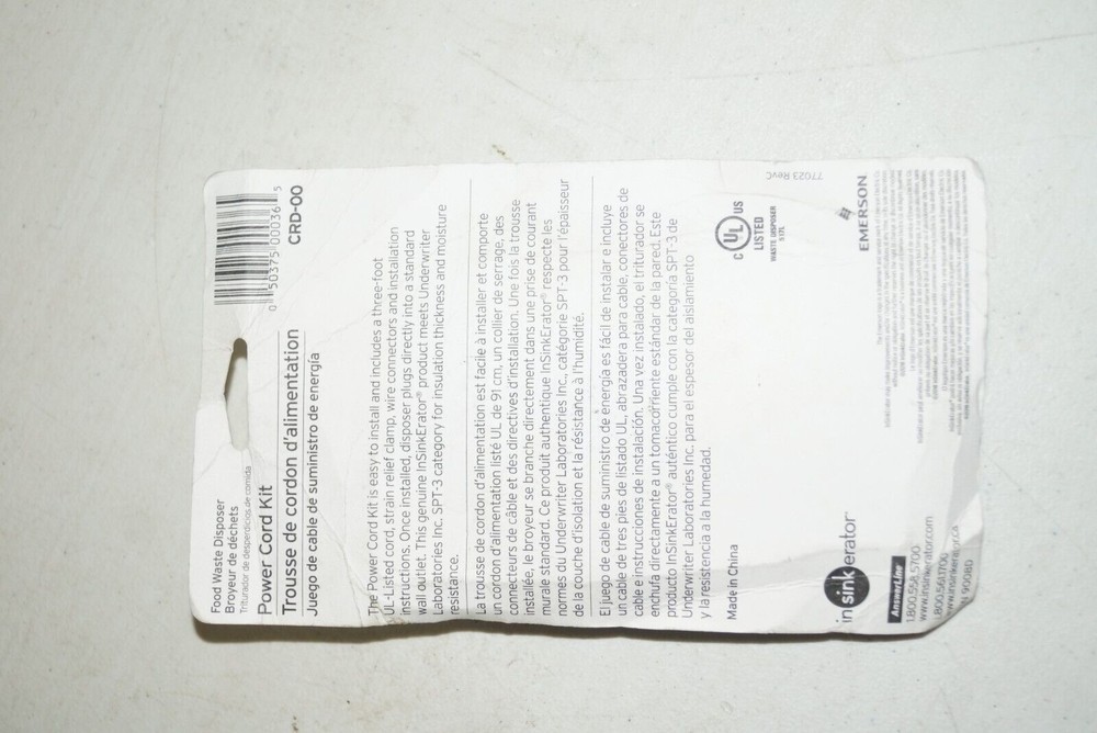 InSinkErator CRD-00 Power Cord Kit NEW