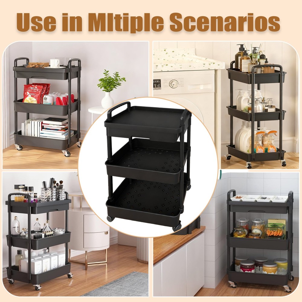 3Tier Storage Cart, Rolling Cart with Drawers Storage Organizer, Rolling Storage