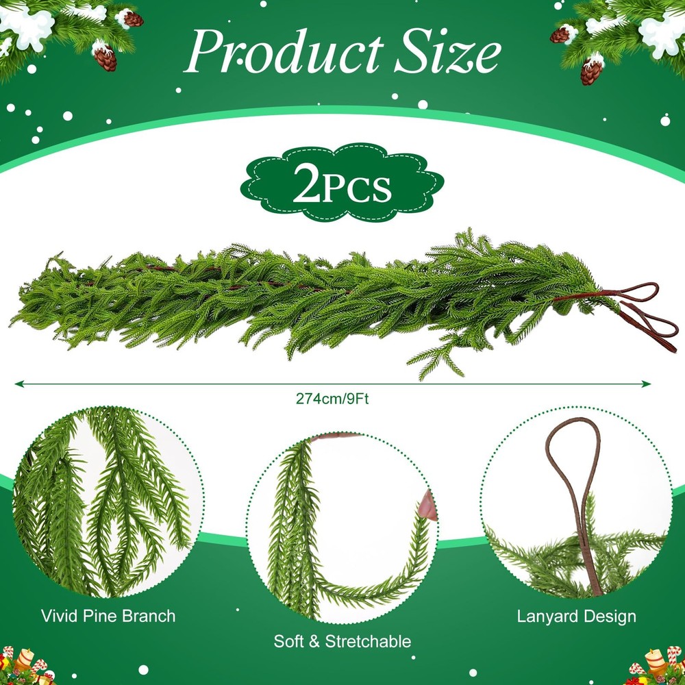 2 Pack 9 Ft Artificial Norfolk Pine Garlands - Christmas 2Pcs 9Ft, Green