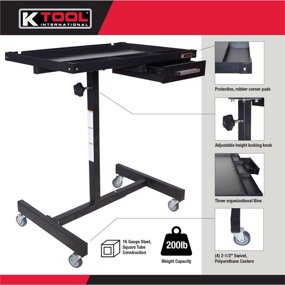 K Tool International Work Table 30 Inch Adjustable (Matte Black)