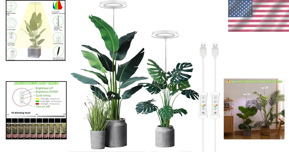 Height Adjustable Indoor Plant Grow Light with Timer - Dimmable LED 2 Pack