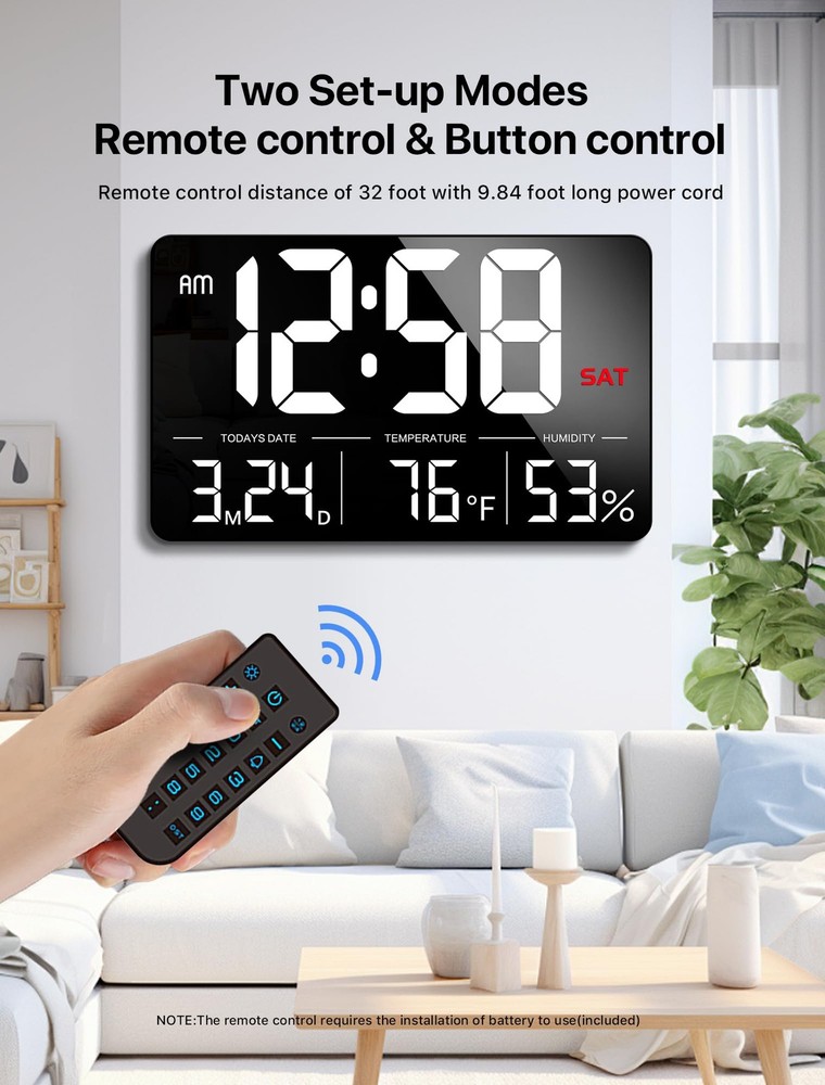 Digital Clock,13" Large Display Digital Wall Clock, Adjustable Brightness Cal...