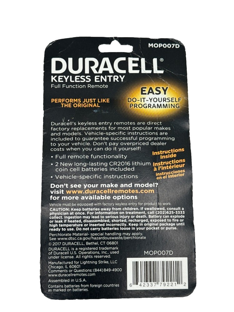 NEW DURACELL KEYLESS ENTRY FULL FUNCTION REMOTE MOP008D NEW