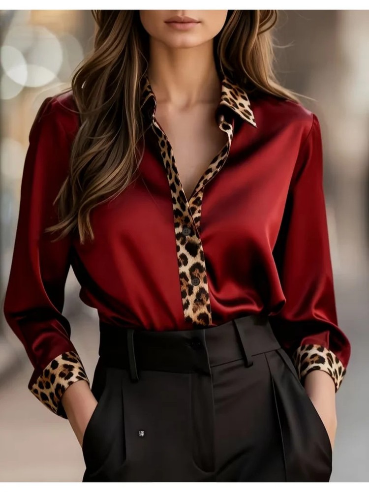 Elegant Long Sleeve Button Down Shirt with Leopard Print Collar Cuffs & Placket