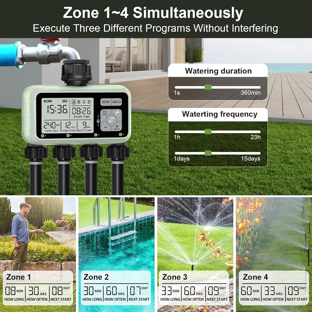 Smart Sprinkler Timer Programmable Water Timer for Garden Irrigation Auto 4 Zone