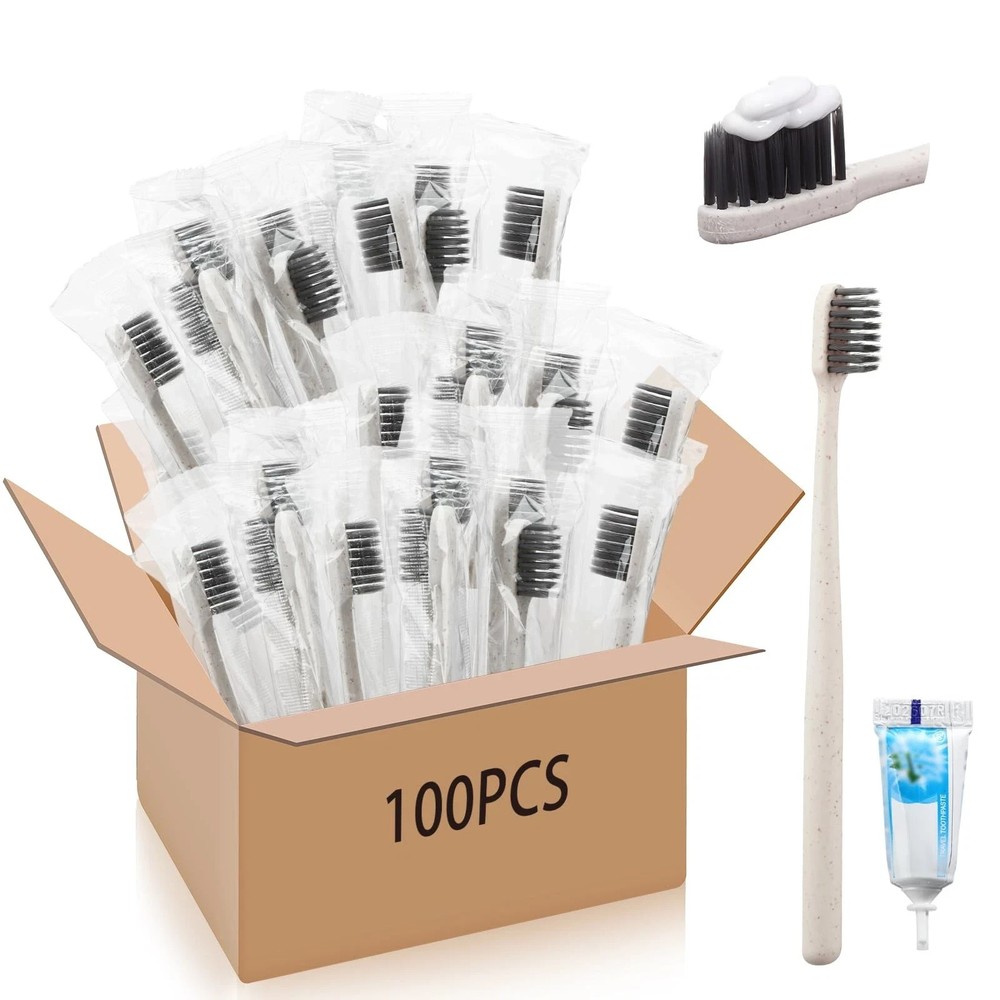 Uiifan 100 Sets Disposable Toothbrushes with Toothpaste Bulk Individually Wra.
