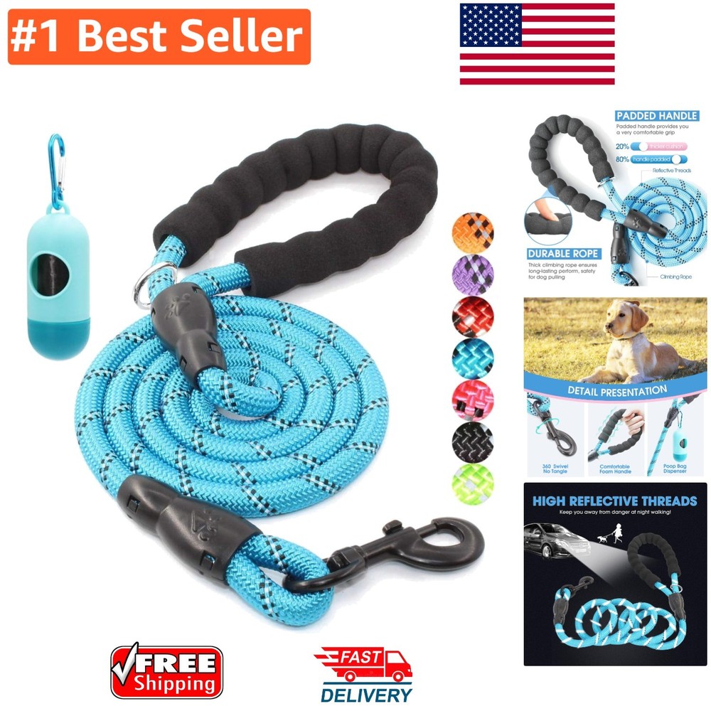 6FT Heavy Duty Dog Leash with Padded Handle & Reflective Threads - Blue