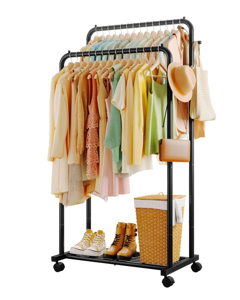 Clothes Rack - Double Rods Clothing Rack with Mesh Shelf, Hooks & Wheels, Met...