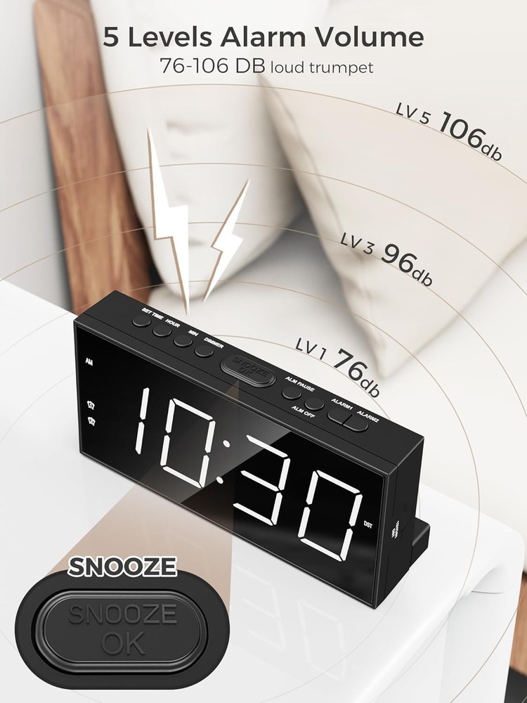 Modern Plug-In Alarm Clock with Adjustable Volume & Snooze for Deep Sleepers