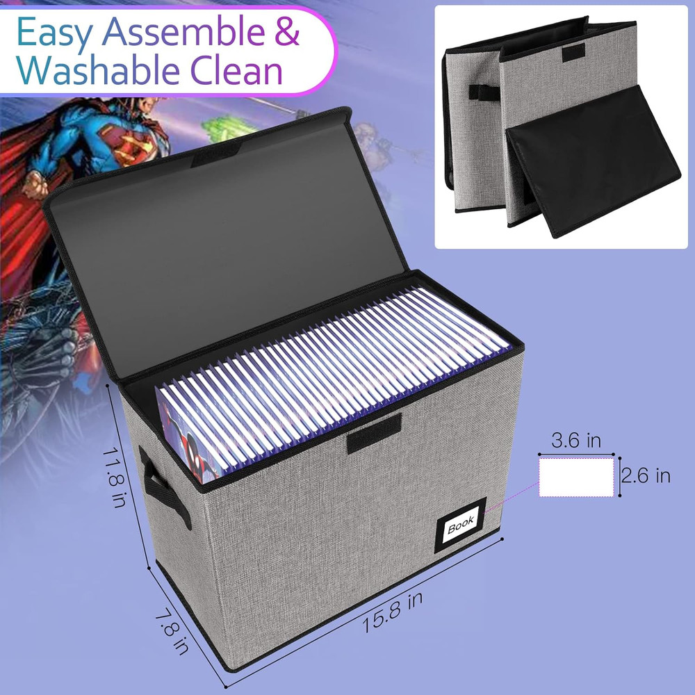 Book Storage Box Collapsible Comic Short Heavy Duty Books Bin Container Grey