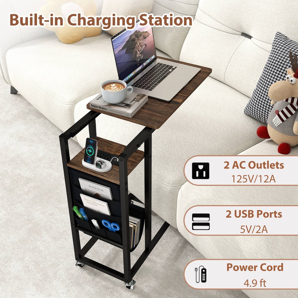 2 PCS C-shaped End Table w/ Charging Station Rolling Bedside Table Couch Side