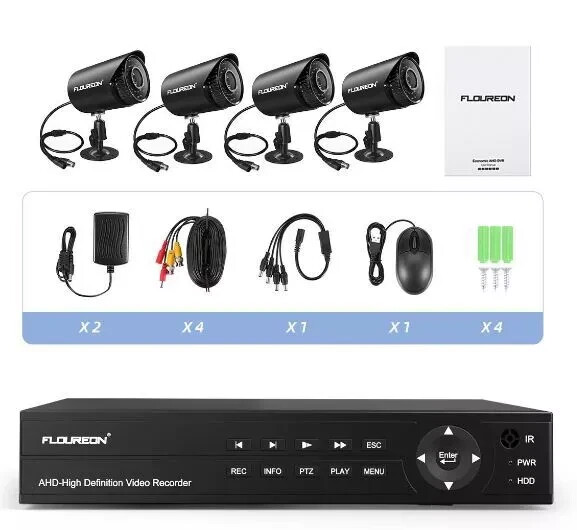 Floureon Security Camera NTSC System 4 AHD Cameras, 720P, 4CH DVR