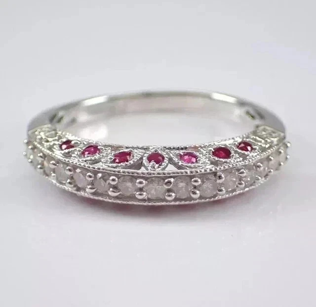 Round Cut Lab Created Ruby & Diamond Half Eternity Band Ring 14k White Gold Over