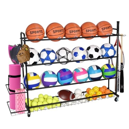 Basketball Rack, Shooting Training Rolling Ball Stand, Garage Organizer with