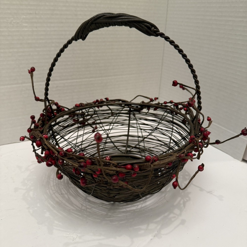Woven Wire Basket With Faux Red Berries