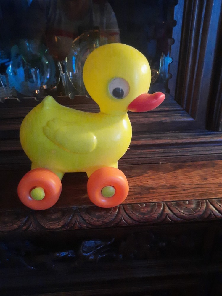 Vintage Yellow Duck Plastic Blow Mold on Wheels