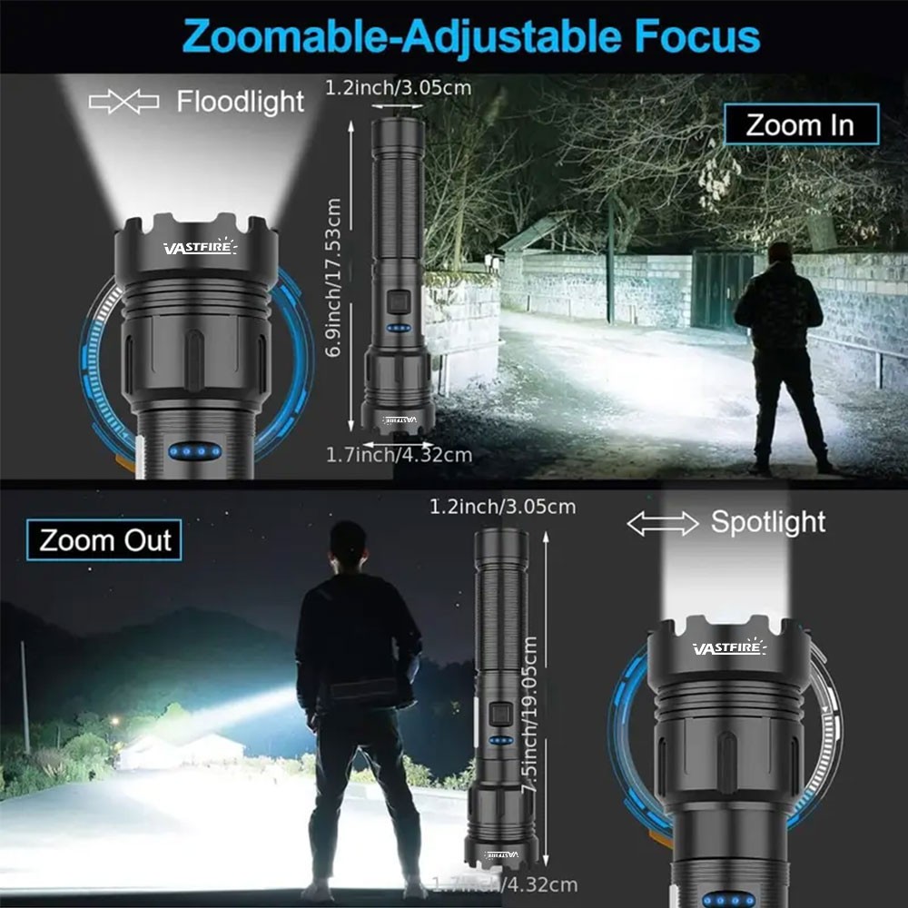 Super Bright LED Flashlight Zoomable Torch USB Rechargeable COB Side Soft Light