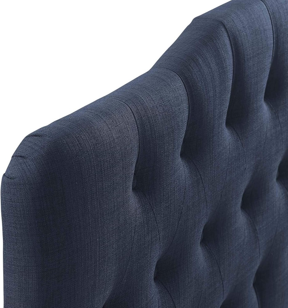 Annabel Tufted Button Linen Fabric Upholstered Queen Headboard in Navy