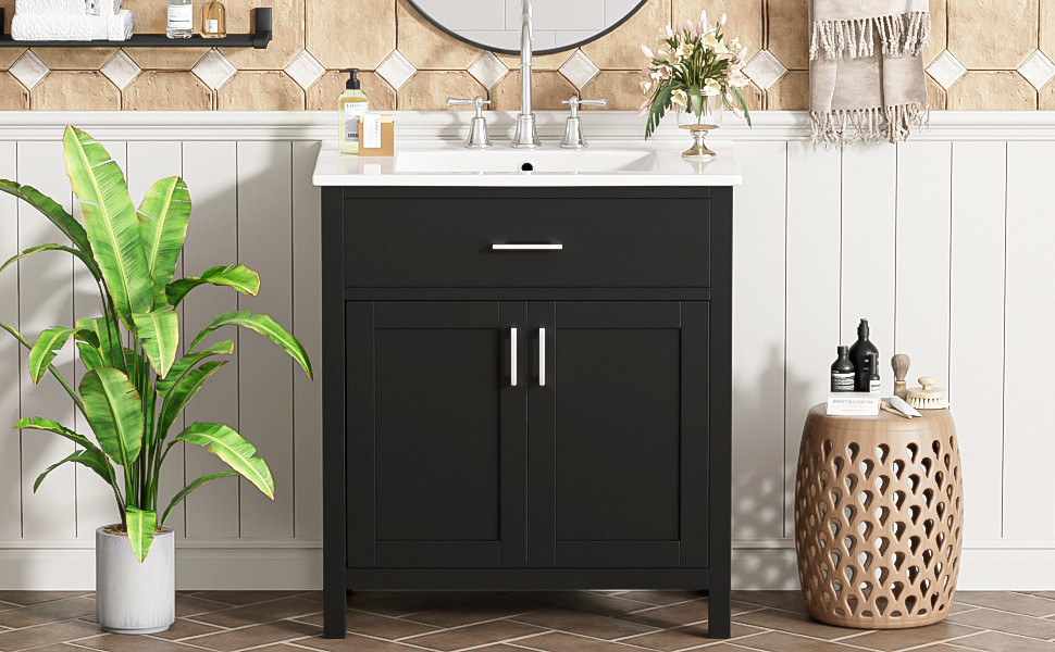 30-Inch Black Bathroom Vanity with Ceramic Sink and Ample Storage